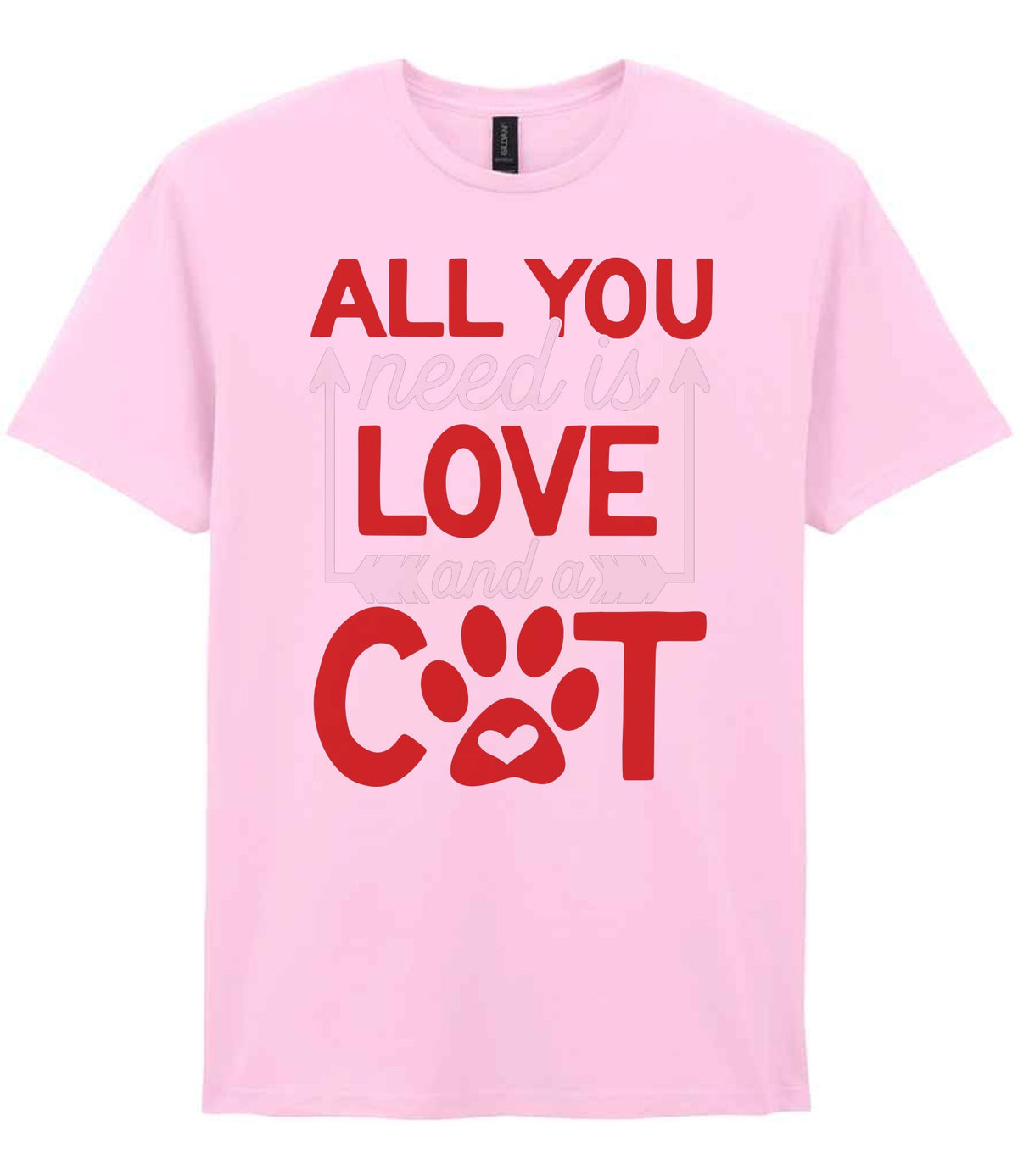 ALL YOU Need Is LOVE and a CAT – Unisex T-Shirt in Light Pink with Red & White vinyl