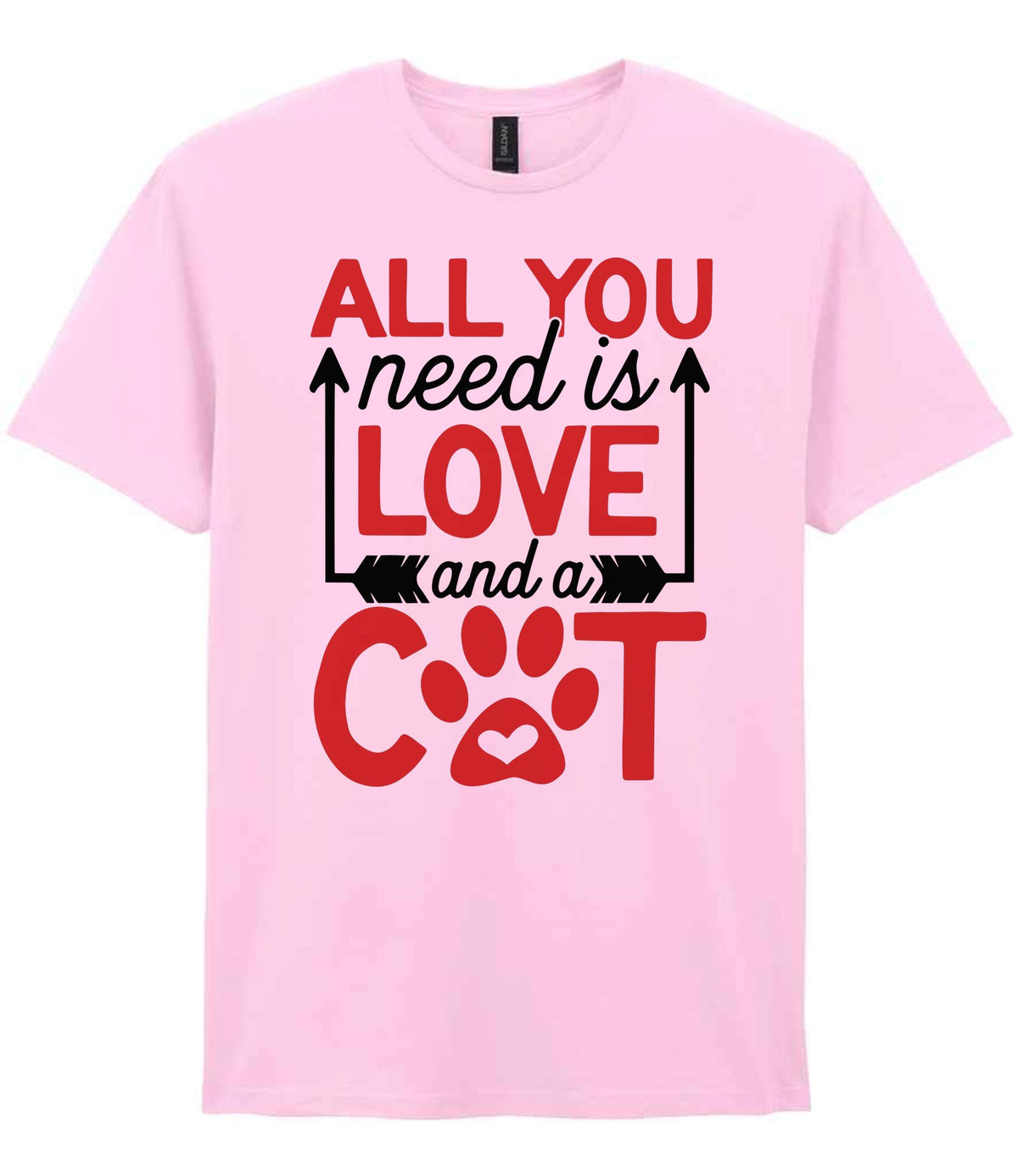 ALL YOU Need Is LOVE and a CAT – Unisex T-Shirt in Light Pink with Red vinyl