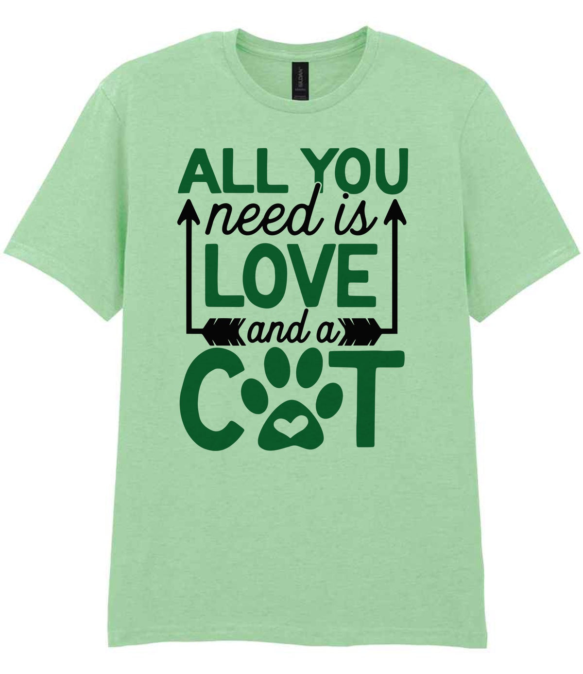 ALL YOU Need Is LOVE and a CAT – Unisex T-Shirt in Mint with Dark Green vinyl