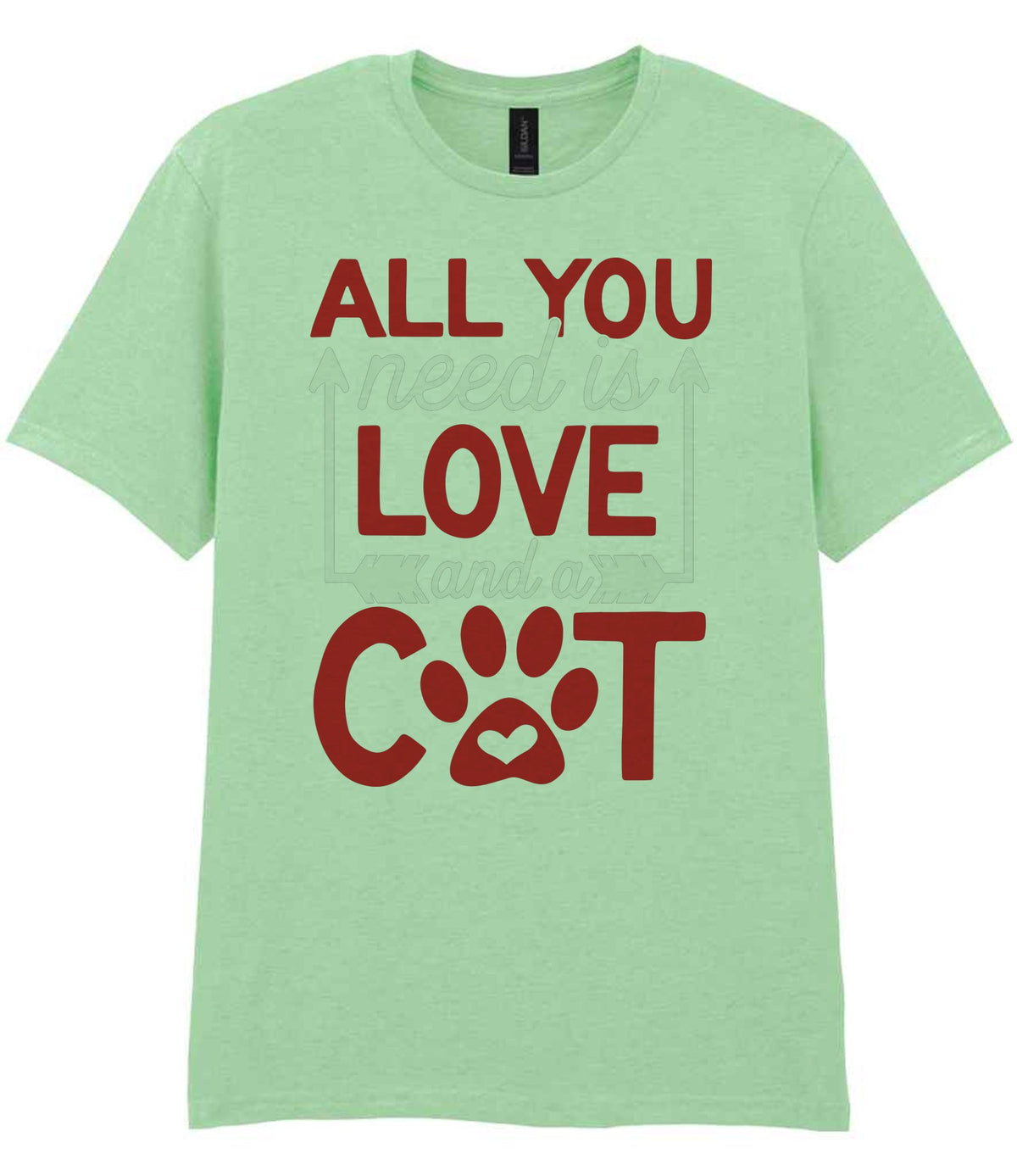 ALL YOU Need Is LOVE and a CAT – Unisex T-Shirt in Mint with Red & White vinyl