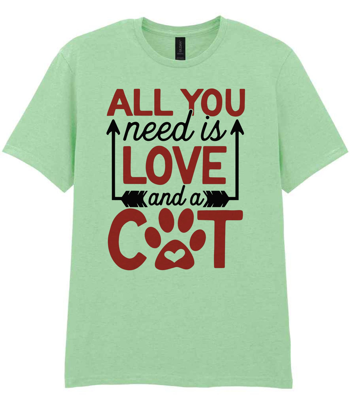 ALL YOU Need Is LOVE and a CAT – Unisex T-Shirt in Mint with Red vinyl
