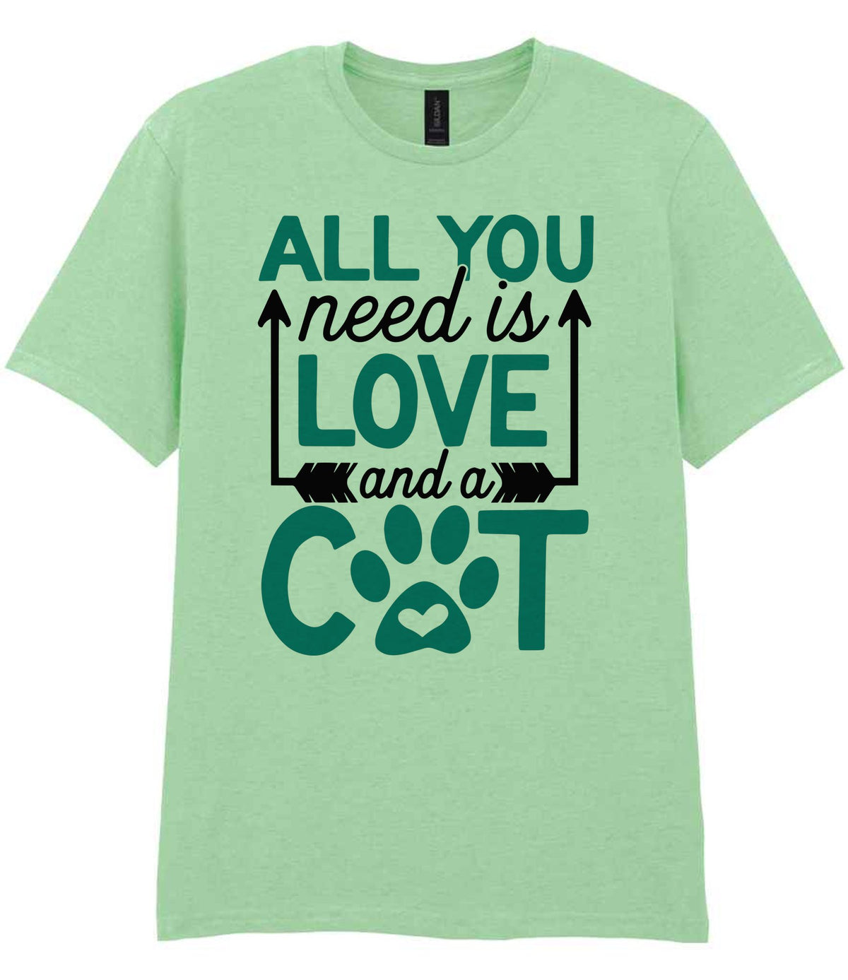 ALL YOU Need Is LOVE and a CAT – Unisex T-Shirt in Mint with Teal vinyl