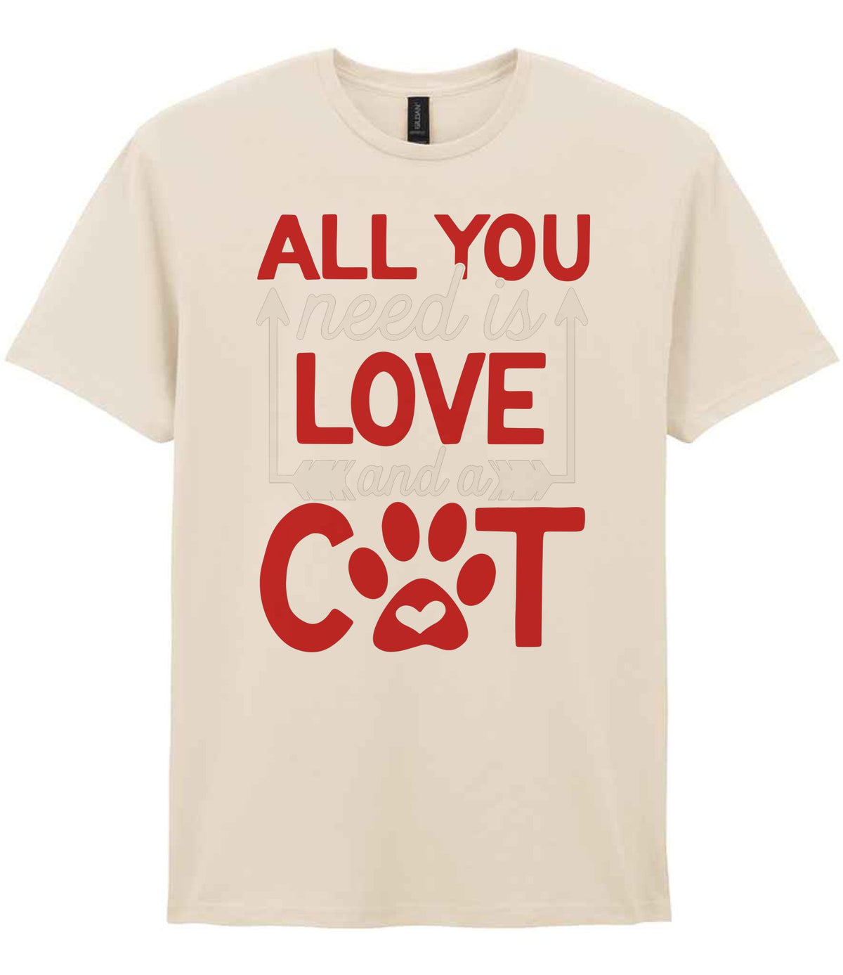 ALL YOU Need Is LOVE and a CAT – Unisex T-Shirt in Natural with Red & White vinyl