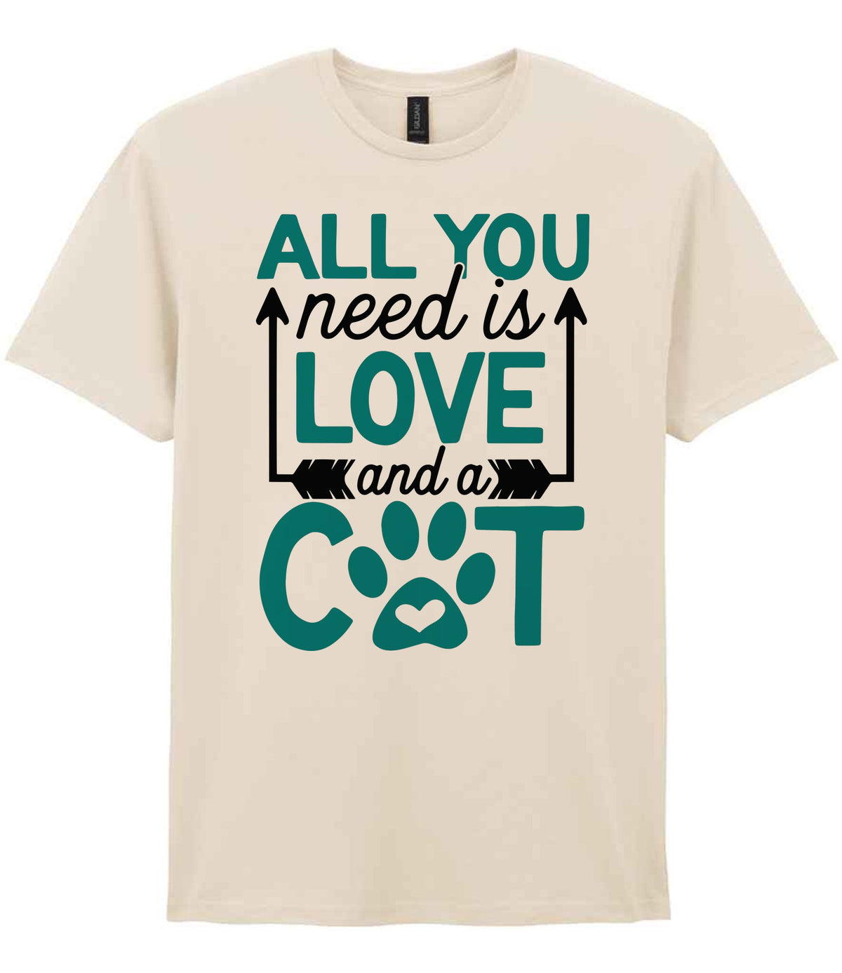 ALL YOU Need Is LOVE and a CAT – Unisex T-Shirt in Natural with Teal vinyl