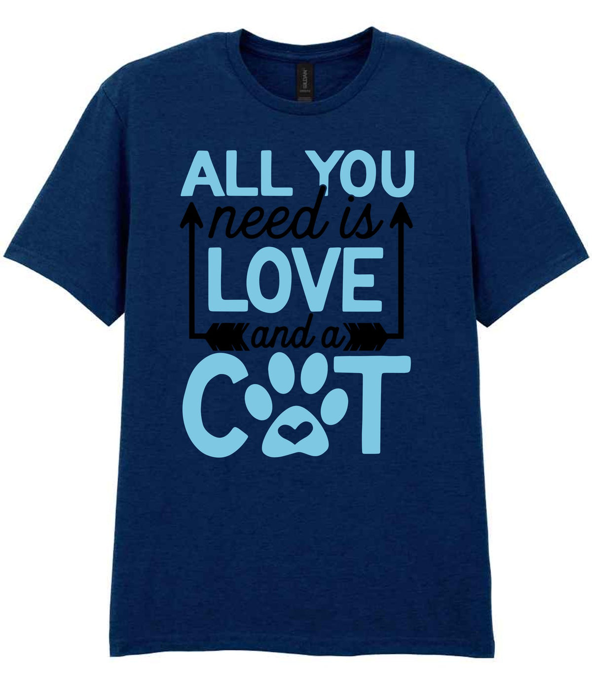 ALL YOU Need Is LOVE and a CAT – Unisex T-Shirt in Navy with Baby Blue vinyl