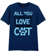 ALL YOU Need Is LOVE and a CAT – Unisex T-Shirt in Navy with Baby Blue vinyl