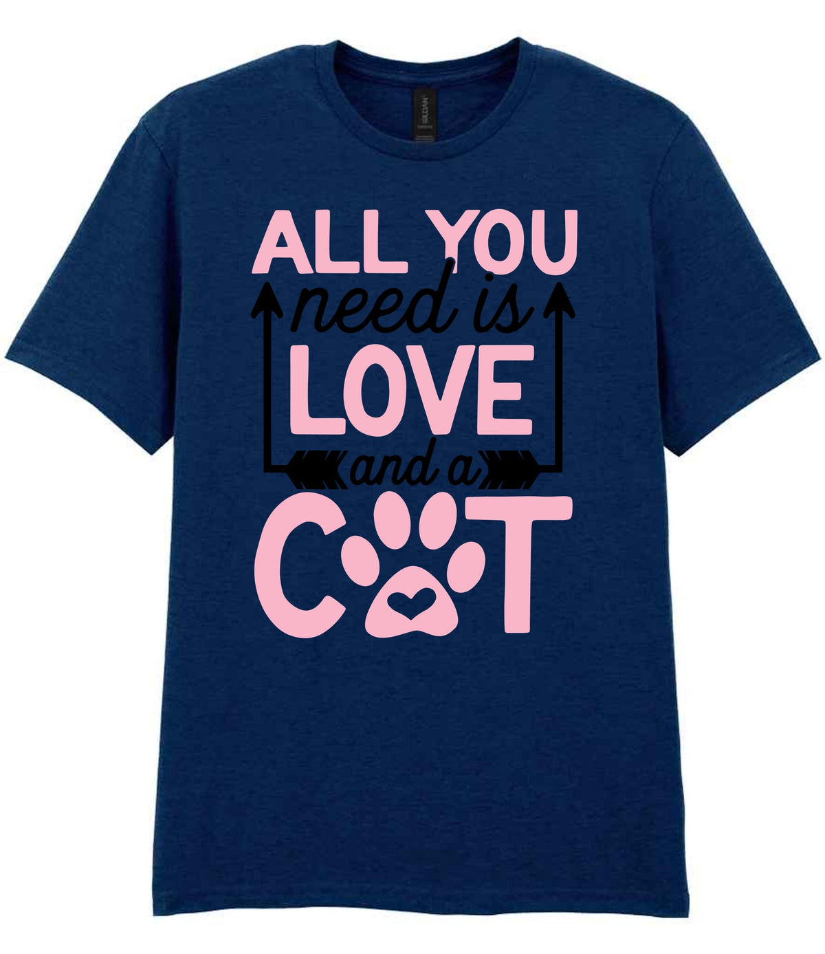 ALL YOU Need Is LOVE and a CAT – Unisex T-Shirt in Navy with Baby Pink vinyl