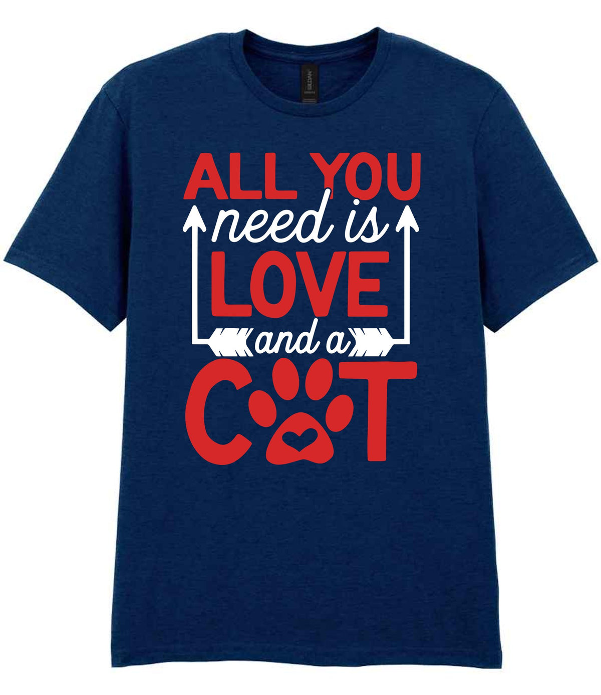 ALL YOU Need Is LOVE and a CAT – Unisex T-Shirt in Navy with Red & White vinyl