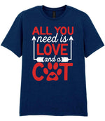 ALL YOU Need Is LOVE and a CAT – Unisex T-Shirt in Navy with Red & White vinyl