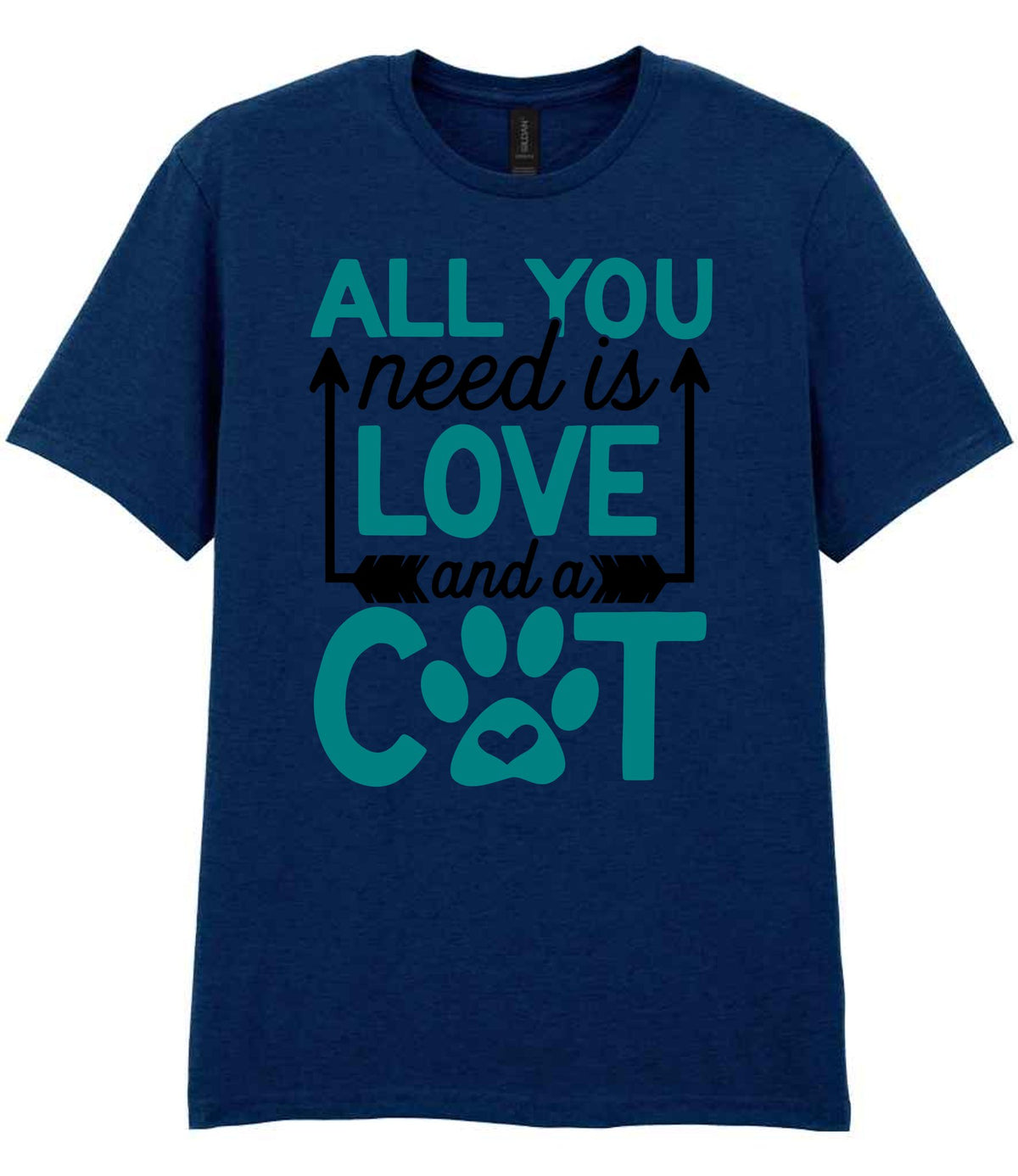 ALL YOU Need Is LOVE and a CAT – Unisex T-Shirt in Navy with Teal vinyl