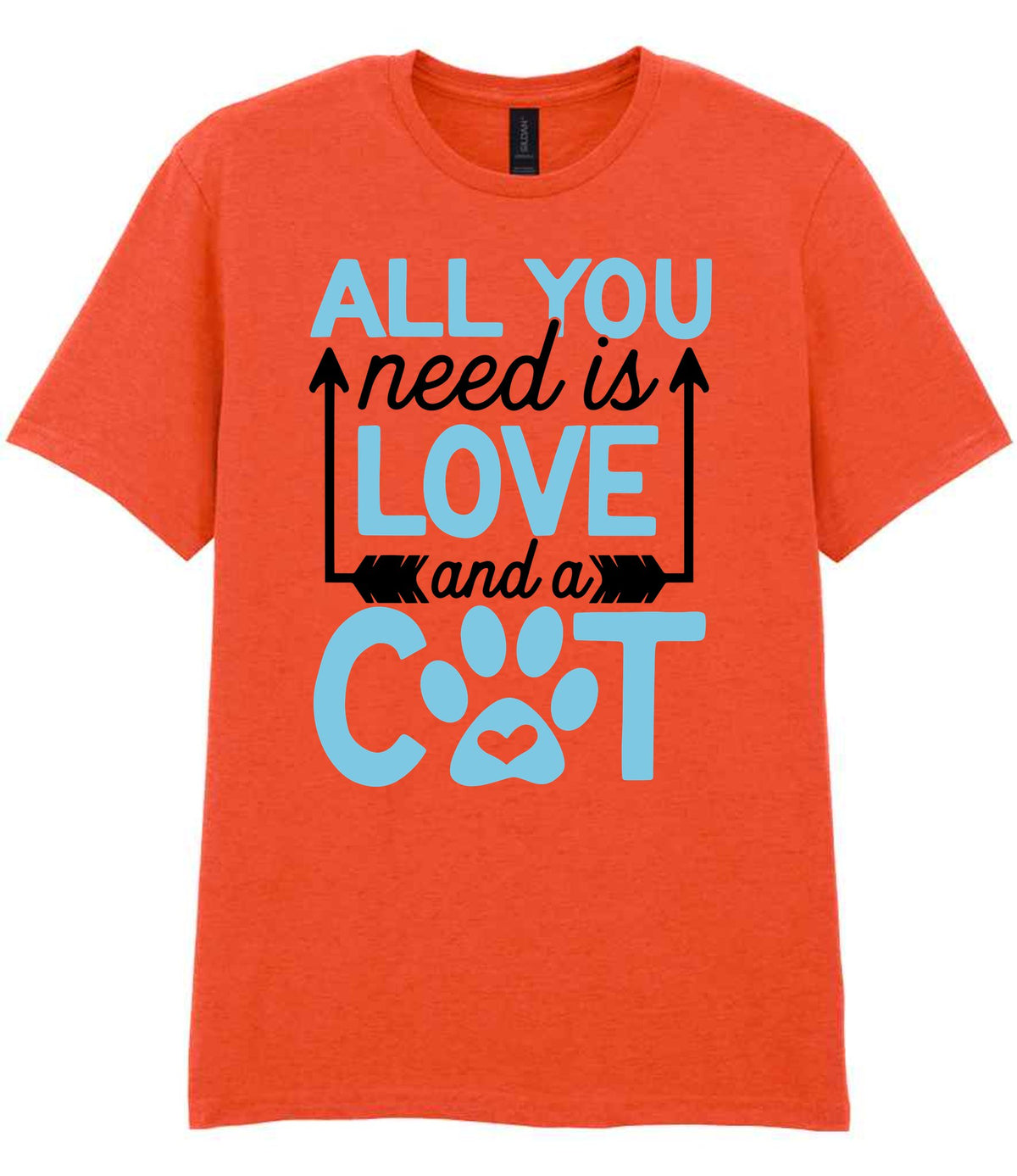 ALL YOU Need Is LOVE and a CAT – Unisex T-Shirt in Orange with Baby Blue vinyl