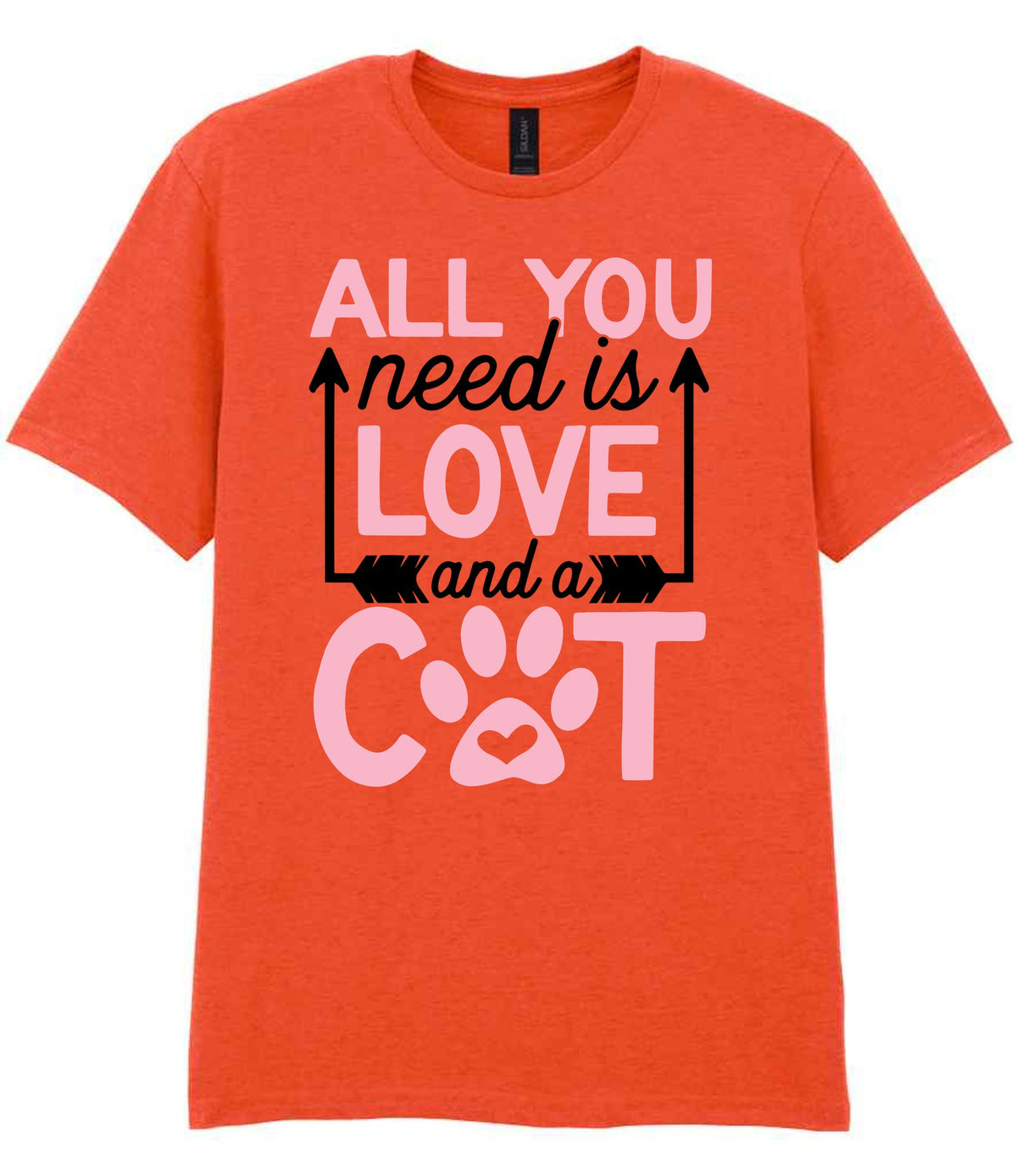 ALL YOU Need Is LOVE and a CAT – Unisex T-Shirt in Orange with Baby Pink vinyl