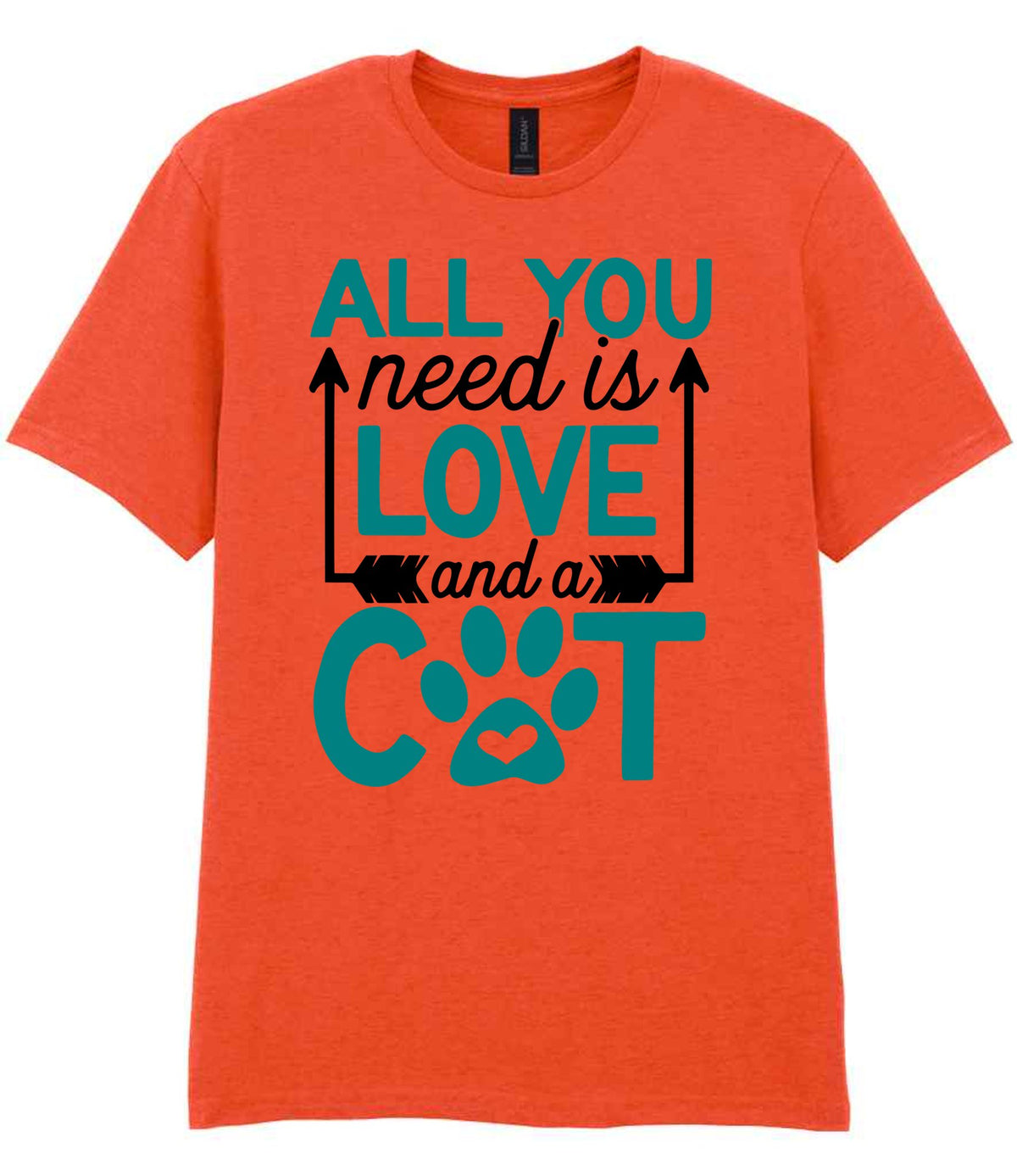 ALL YOU Need Is LOVE and a CAT – Unisex T-Shirt in Orange with Teal vinyl