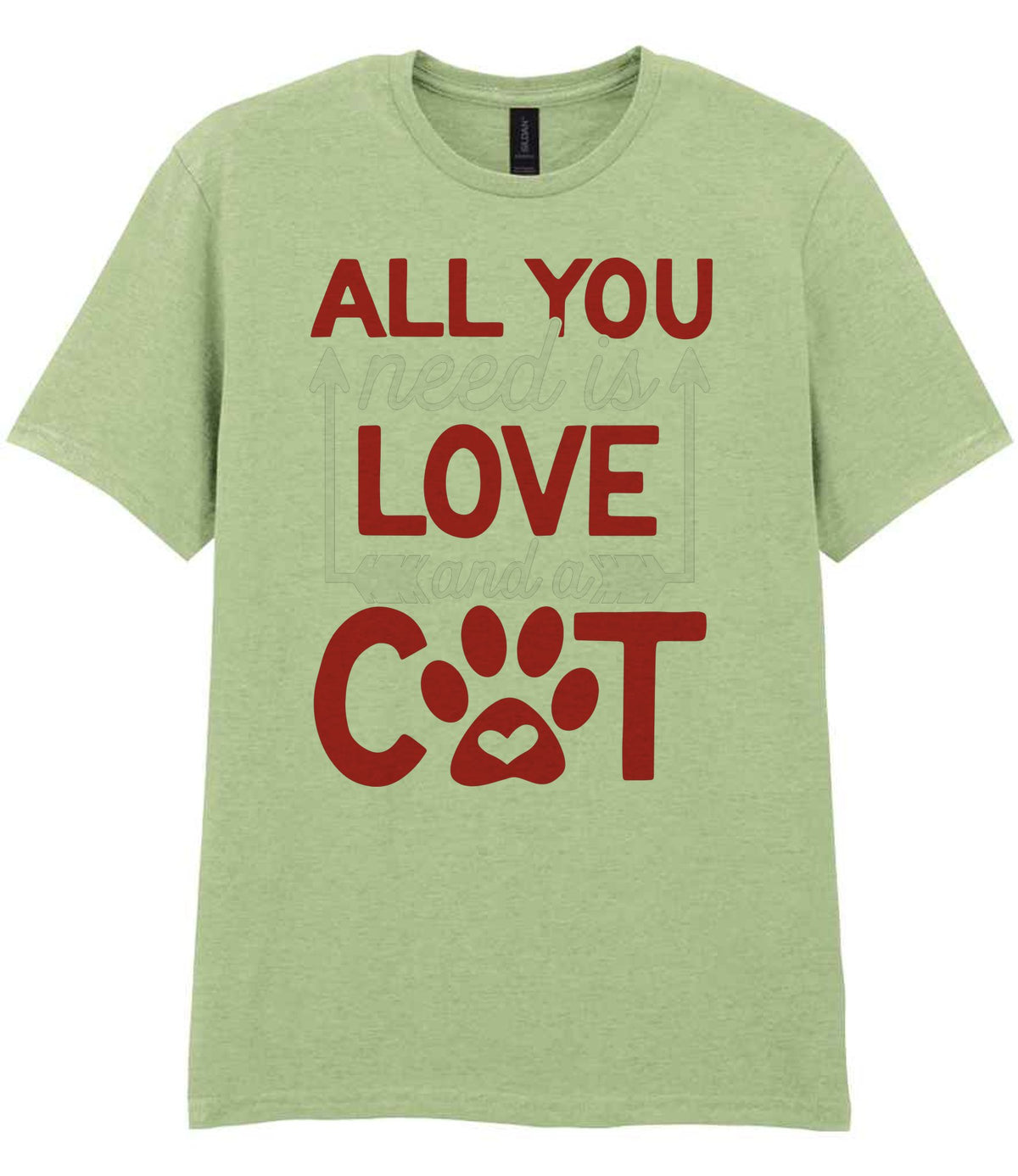 ALL YOU Need Is LOVE and a CAT – Unisex T-Shirt in Pistachio with Red & White vinyl