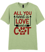 ALL YOU Need Is LOVE and a CAT – Unisex T-Shirt in Pistachio with Red vinyl