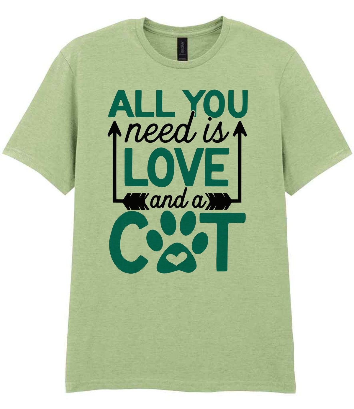 ALL YOU Need Is LOVE and a CAT – Unisex T-Shirt in Pistachio with Teal vinyl