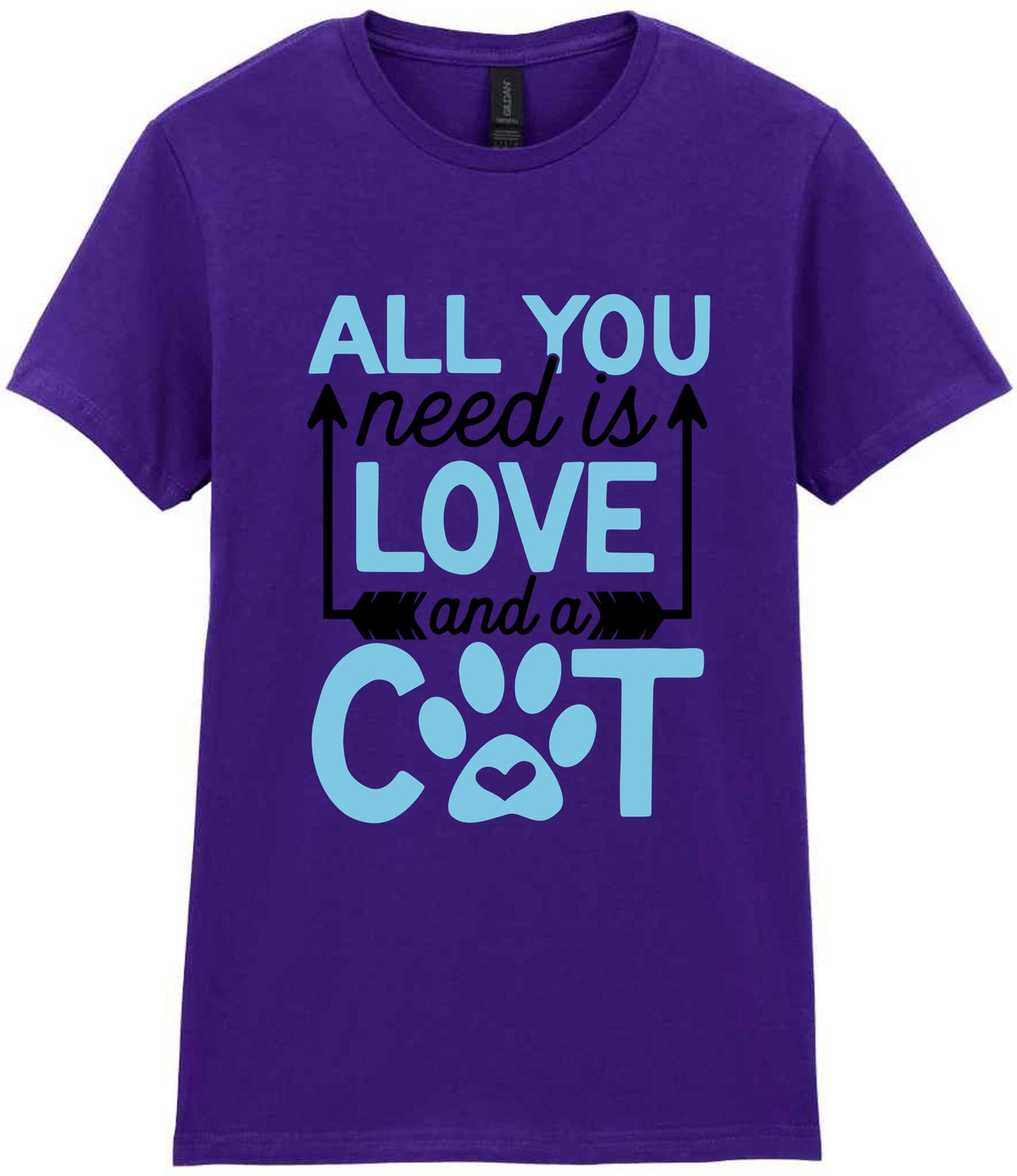 ALL YOU Need Is LOVE and a CAT – Ladies T-Shirt in Purple with Baby Blue vinyl