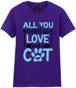 ALL YOU Need Is LOVE and a CAT – Ladies T-Shirt in Purple with Baby Blue vinyl