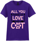 ALL YOU Need Is LOVE and a CAT – Ladies T-Shirt in Purple with Baby Pink vinyl