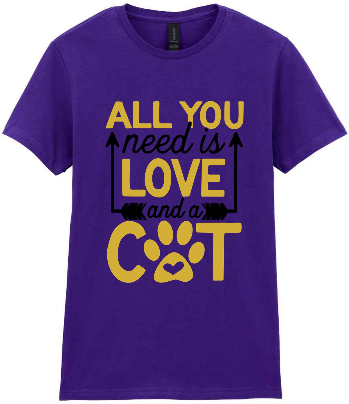 ALL YOU Need Is LOVE and a CAT – Ladies T-Shirt in Purple with Gold vinyl