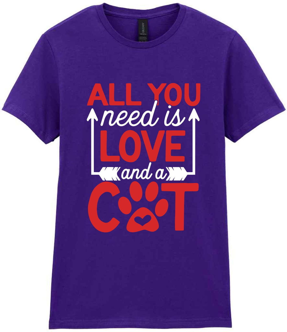 ALL YOU Need Is LOVE and a CAT – Ladies T-Shirt in Purple with Red & White vinyl