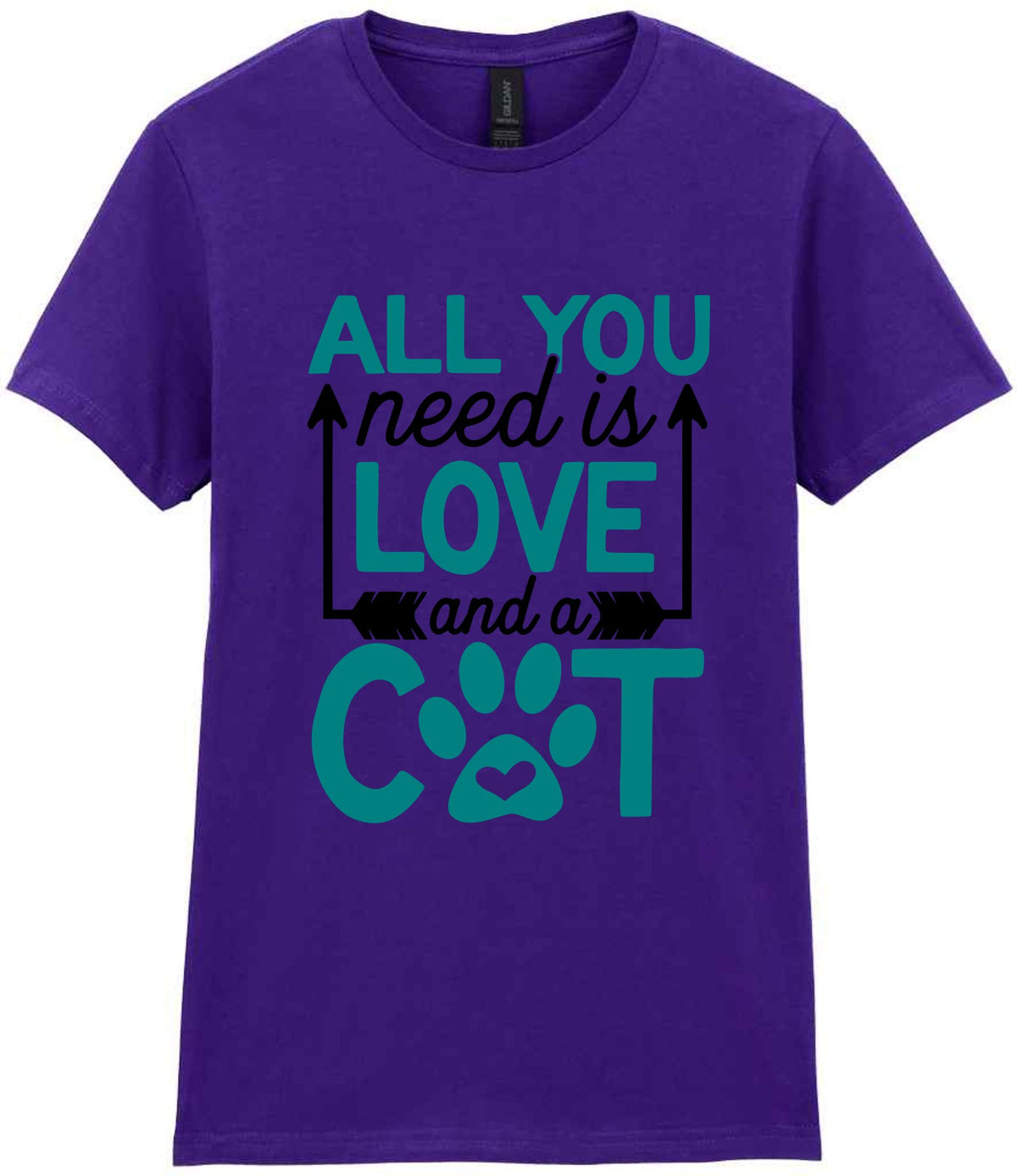 ALL YOU Need Is LOVE and a CAT – Ladies T-Shirt in Purple with Teal vinyl