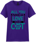 ALL YOU Need Is LOVE and a CAT – Ladies T-Shirt in Purple with Teal vinyl
