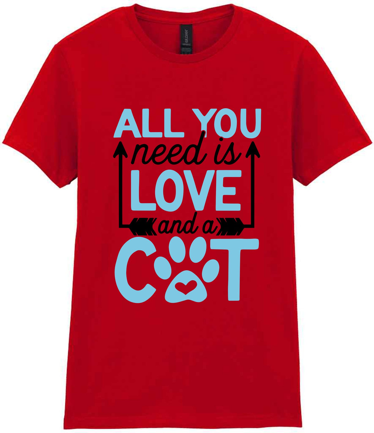 ALL YOU Need Is LOVE and a CAT – Ladies T-Shirt in Red with Baby Blue vinyl