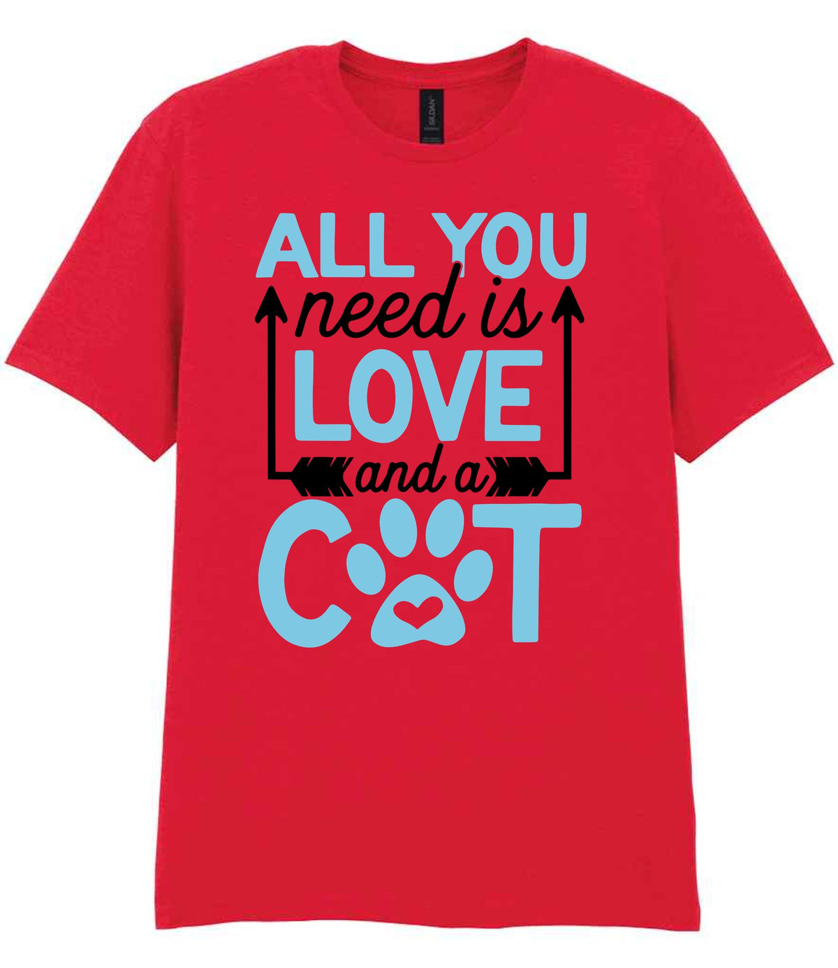 ALL YOU Need Is LOVE and a CAT – Unisex T-Shirt in Red with Baby Blue vinyl