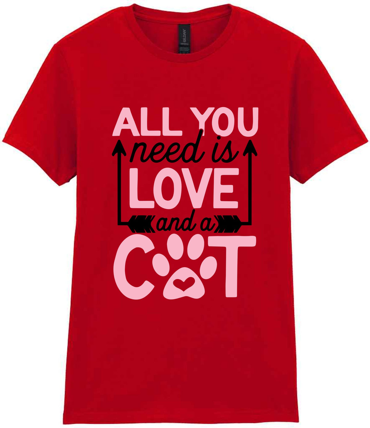 ALL YOU Need Is LOVE and a CAT – Ladies T-Shirt in Red with Baby Pink vinyl