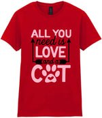 ALL YOU Need Is LOVE and a CAT – Ladies T-Shirt in Red with Baby Pink vinyl