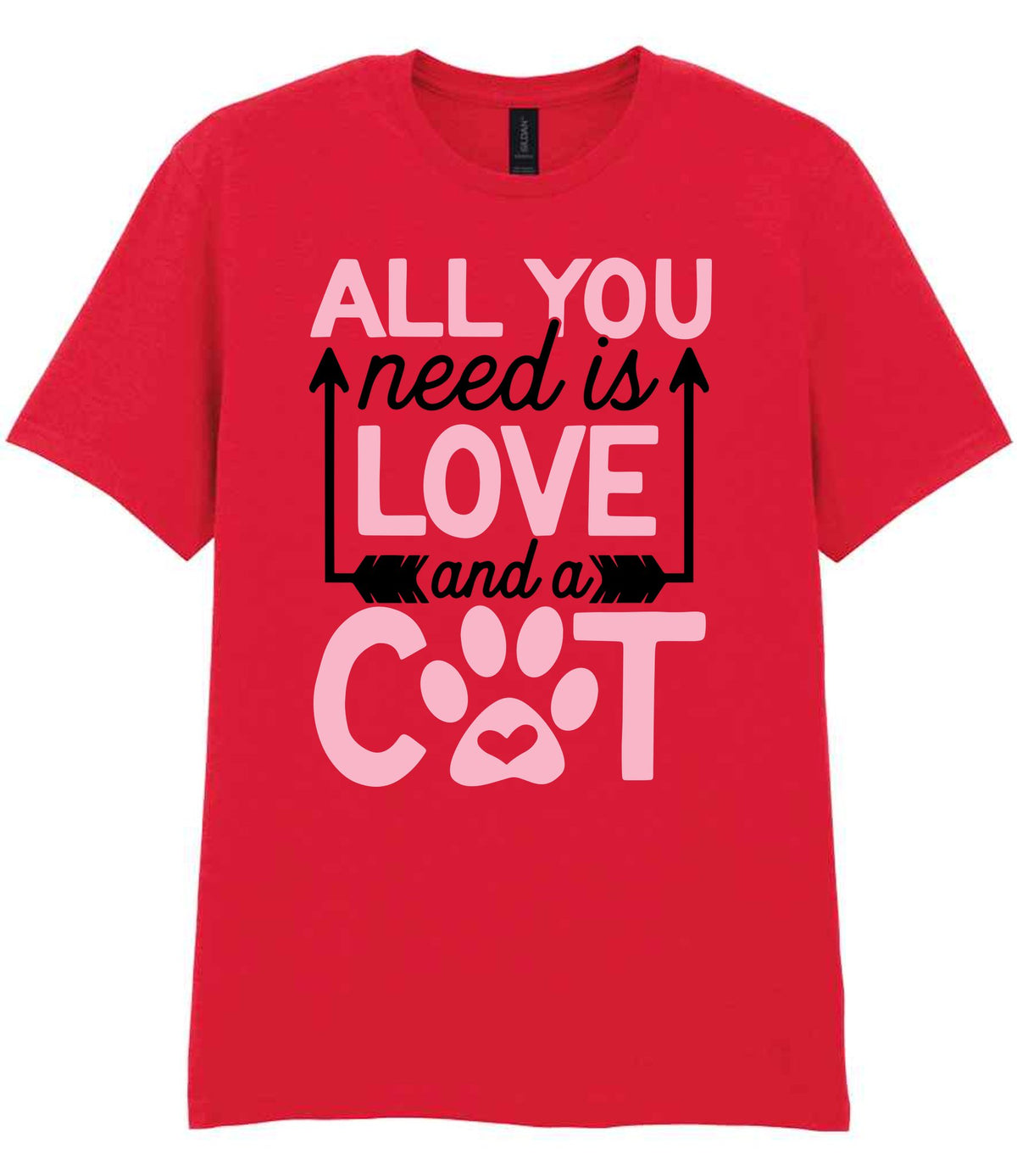 ALL YOU Need Is LOVE and a CAT – Unisex T-Shirt in Red with Baby Pink vinyl