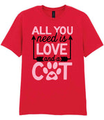 ALL YOU Need Is LOVE and a CAT – Unisex T-Shirt in Red with Baby Pink vinyl