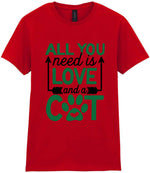 ALL YOU Need Is LOVE and a CAT – Ladies T-Shirt in Red with Dark Green vinyl