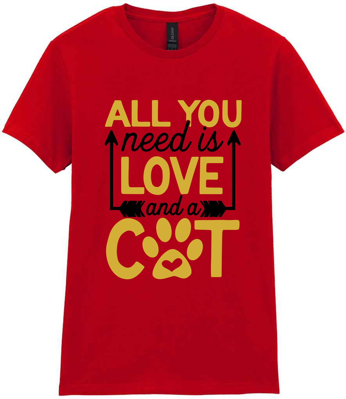 ALL YOU Need Is LOVE and a CAT – Ladies T-Shirt in Red with Gold vinyl