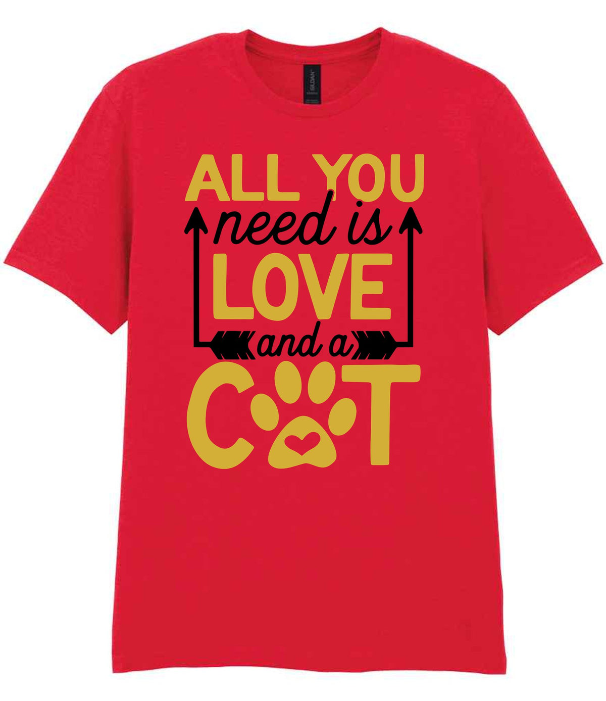 ALL YOU Need Is LOVE and a CAT – Unisex T-Shirt in Red with Gold vinyl