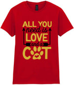 ALL YOU Need Is LOVE and a CAT – Ladies T-Shirt in Red with Gold vinyl