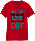 ALL YOU Need Is LOVE and a CAT – Ladies T-Shirt in Red with Teal vinyl