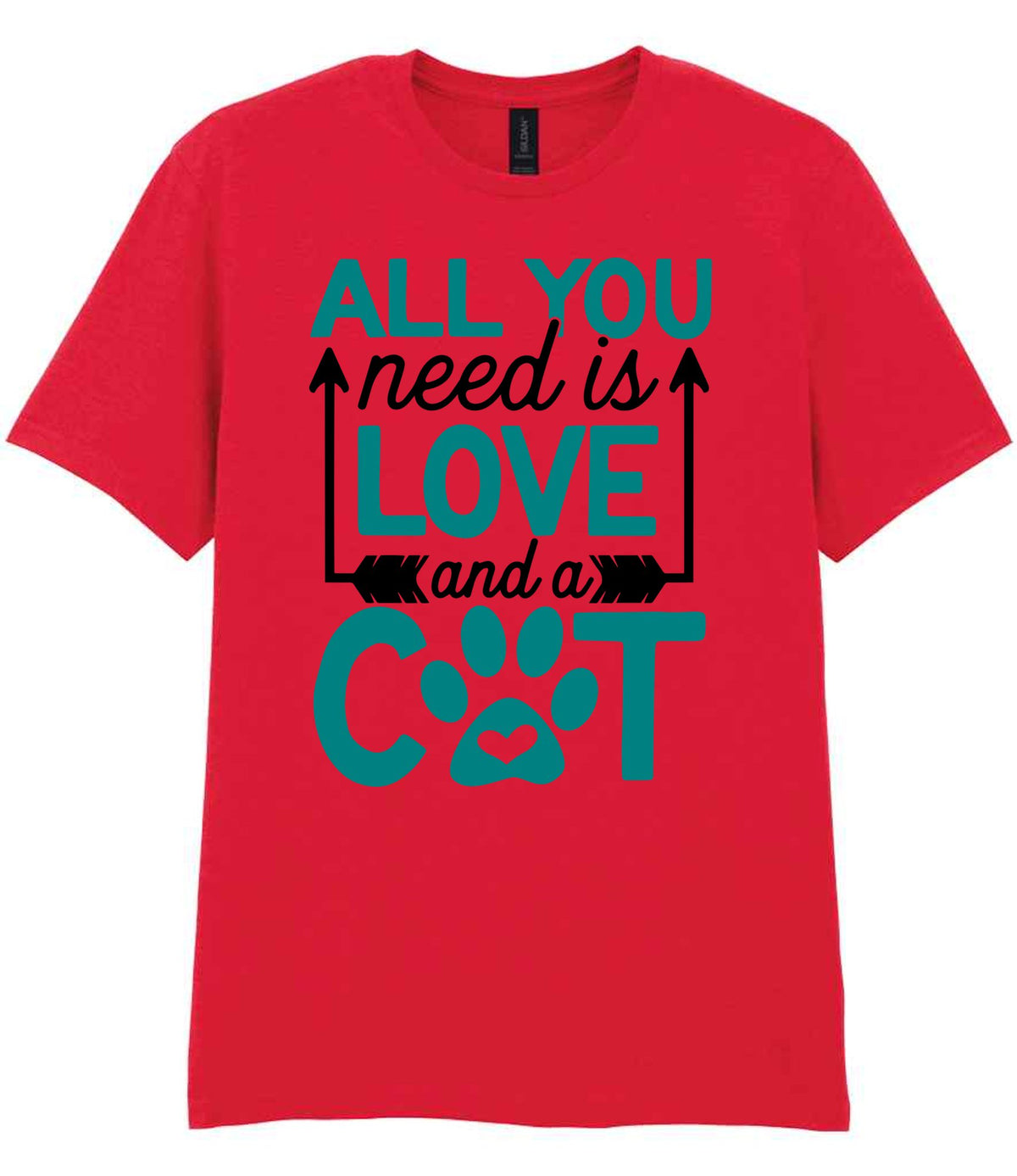 ALL YOU Need Is LOVE and a CAT – Unisex T-Shirt in Red with Teal vinyl