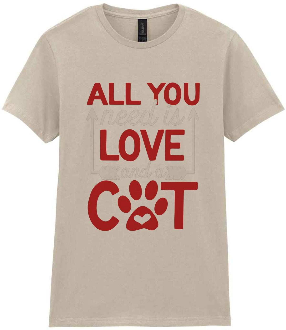 ALL YOU Need Is LOVE and a CAT – Ladies T-Shirt in Sand with Red & White vinyl