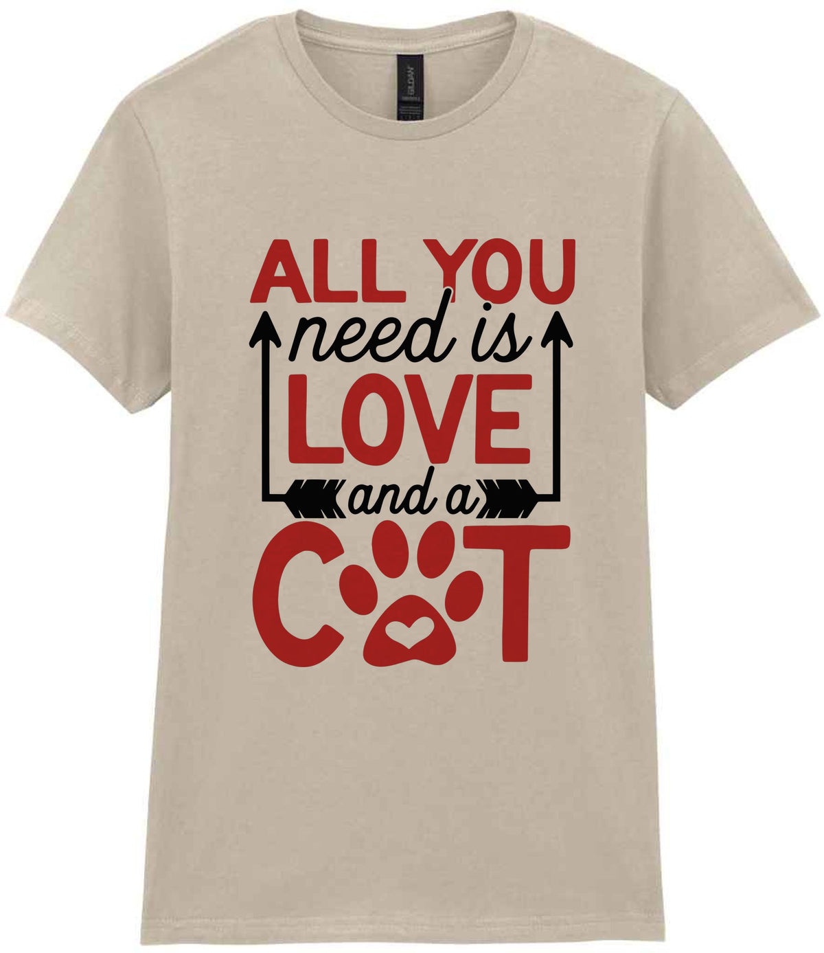 ALL YOU Need Is LOVE and a CAT – Ladies T-Shirt in Sand with Red vinyl