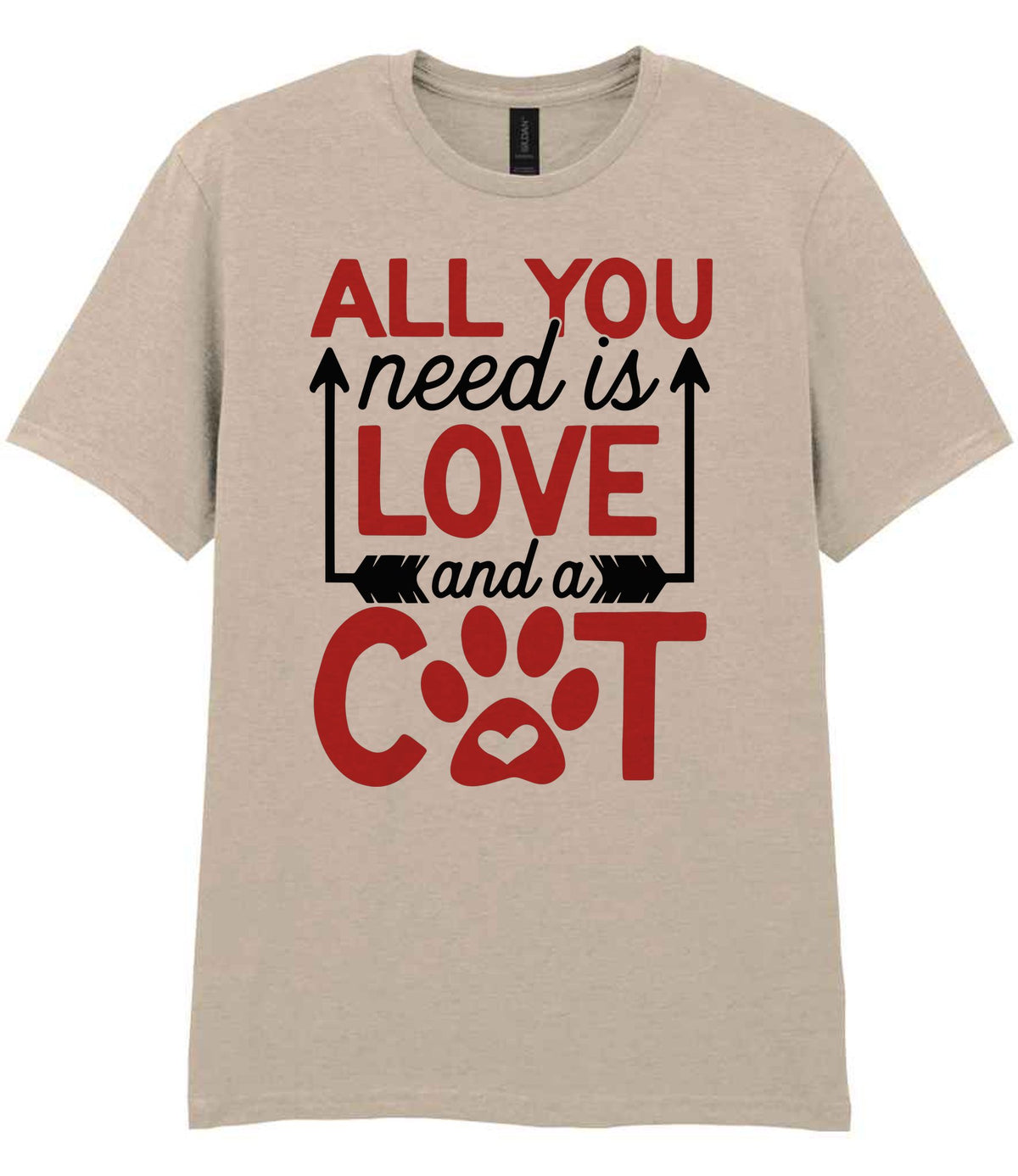 ALL YOU Need Is LOVE and a CAT – Unisex T-Shirt in Sand with Red vinyl