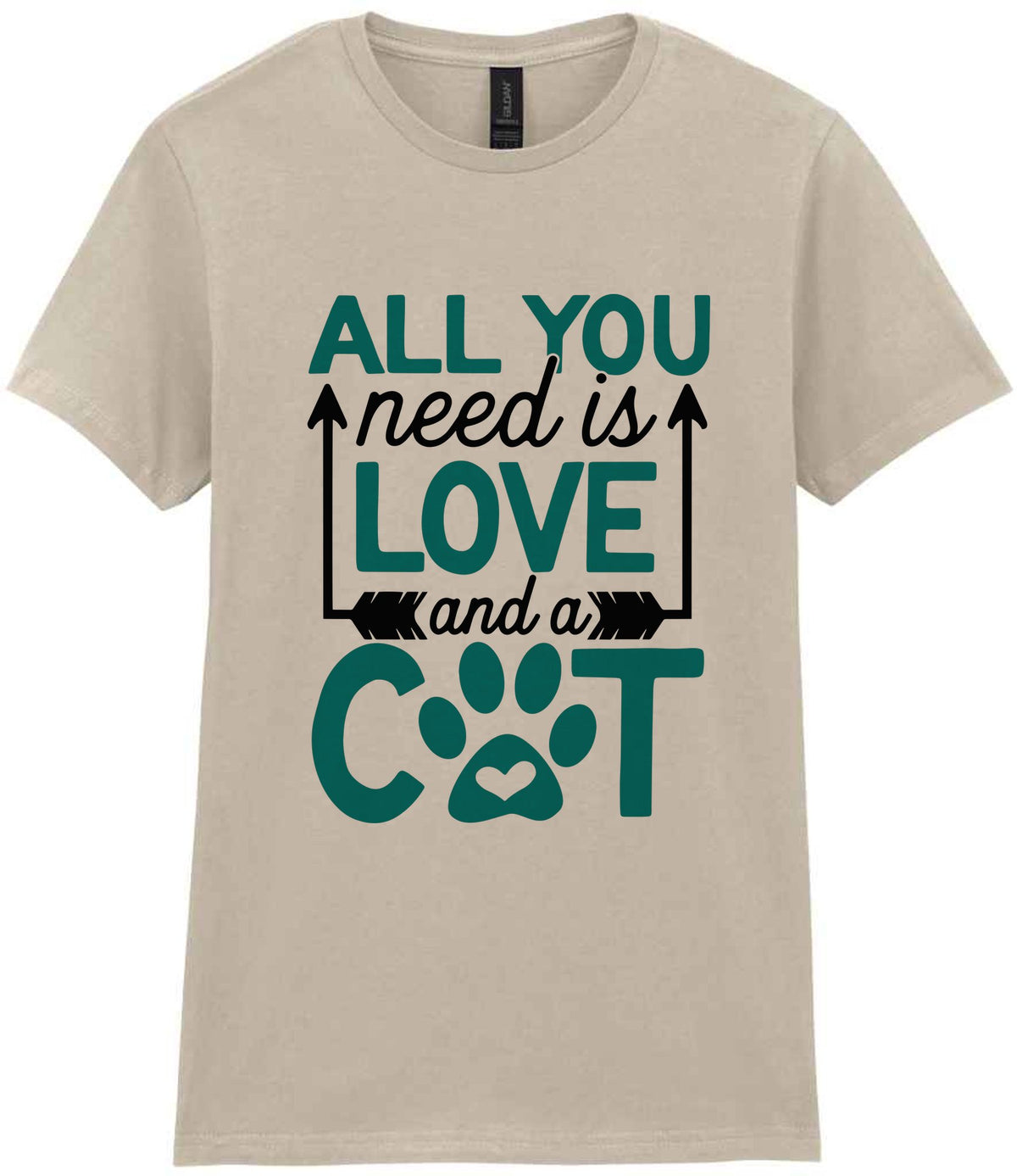ALL YOU Need Is LOVE and a CAT – Ladies T-Shirt in Sand with Teal vinyl