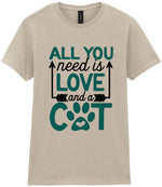ALL YOU Need Is LOVE and a CAT – Ladies T-Shirt in Sand with Teal vinyl