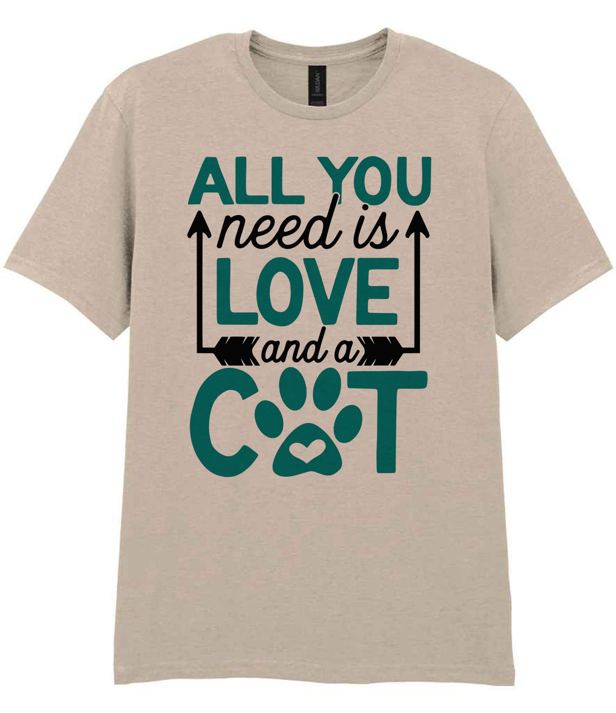 ALL YOU Need Is LOVE and a CAT – Unisex T-Shirt in Sand with Teal vinyl