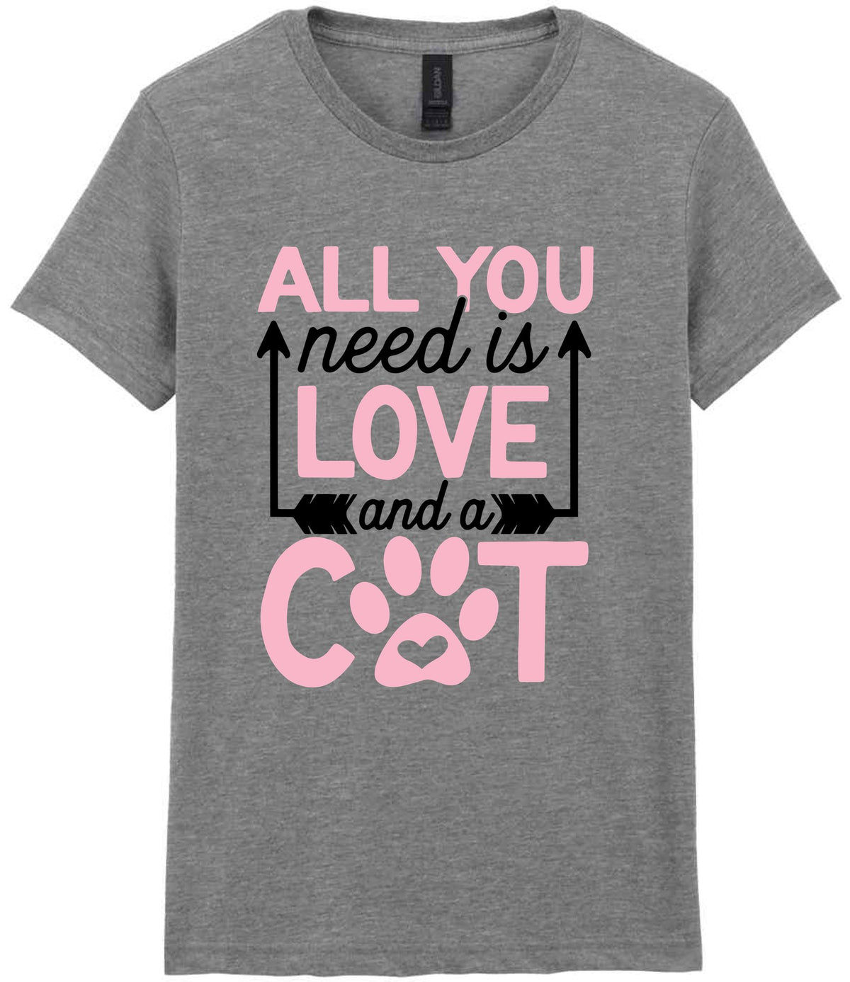 ALL YOU Need Is LOVE and a CAT – Ladies T-Shirt in Sport Grey with Baby Pink vinyl
