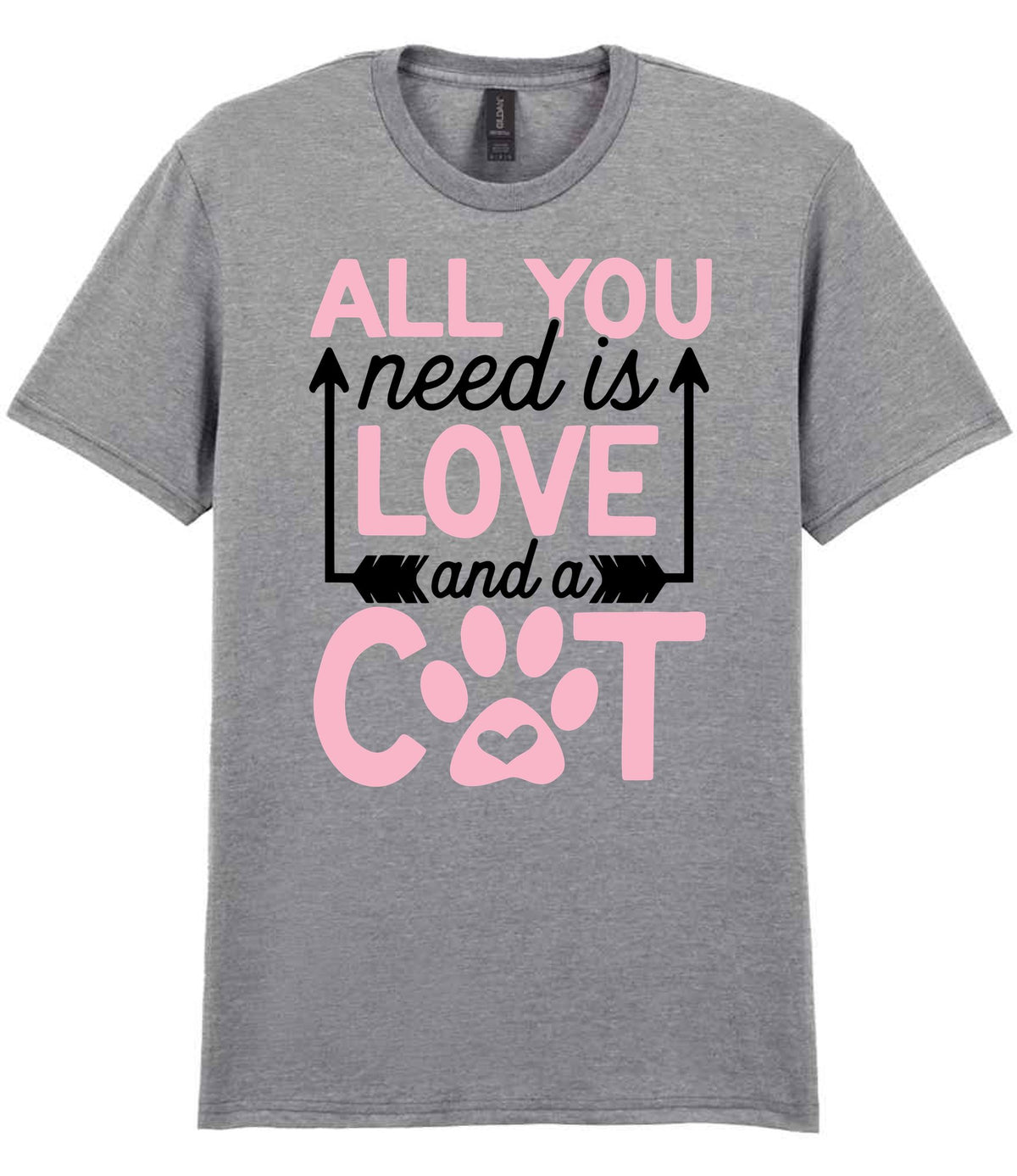ALL YOU Need Is LOVE and a CAT – Unisex T-Shirt in Sport Grey with Baby Pink vinyl