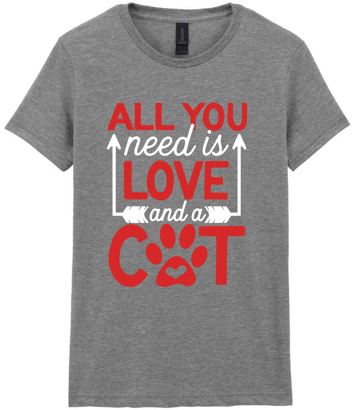 ALL YOU Need Is LOVE and a CAT – Ladies T-Shirt in Sport Grey with Red & White vinyl