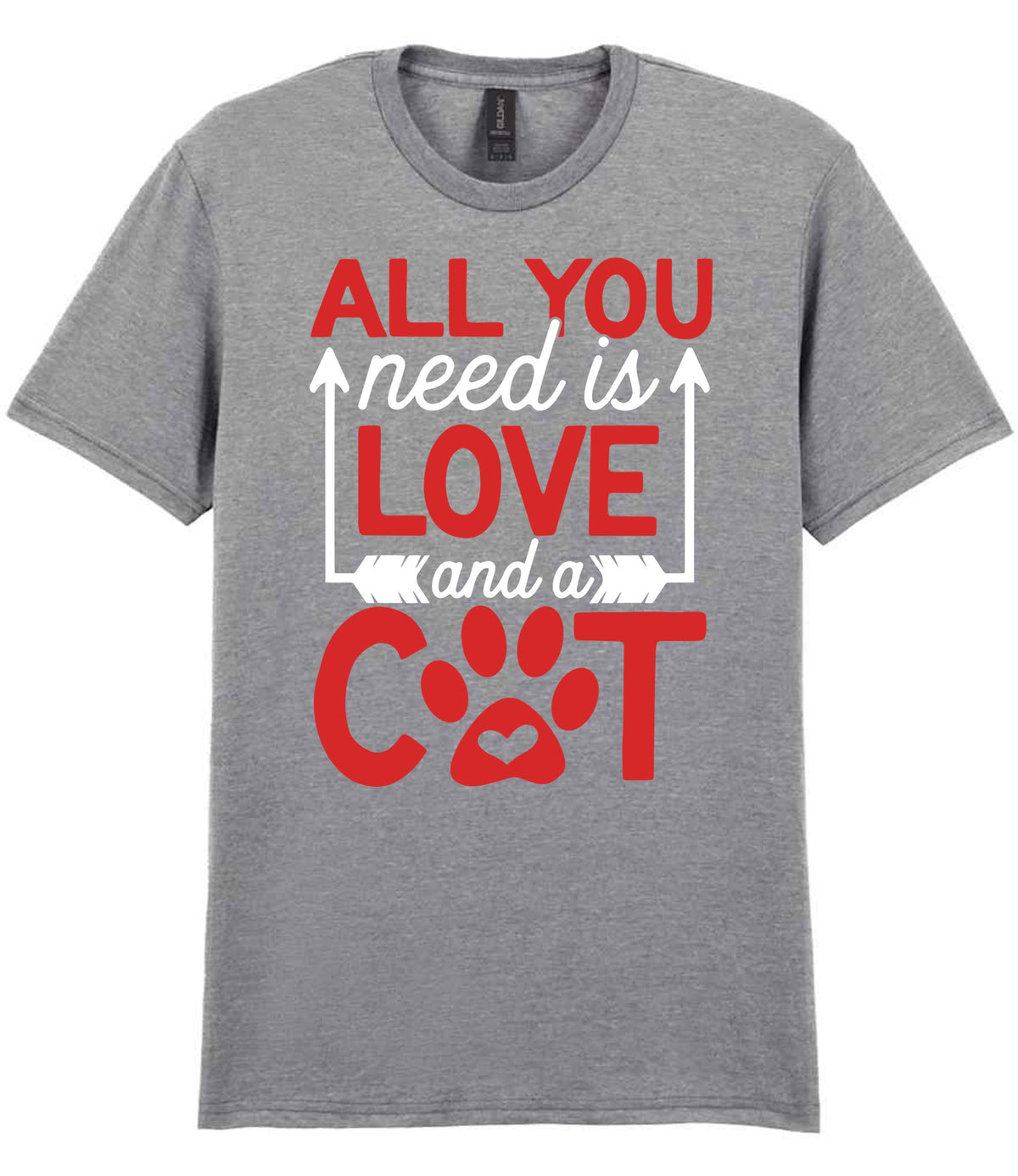 ALL YOU Need Is LOVE and a CAT – Unisex T-Shirt in Sport Grey with Red & White vinyl