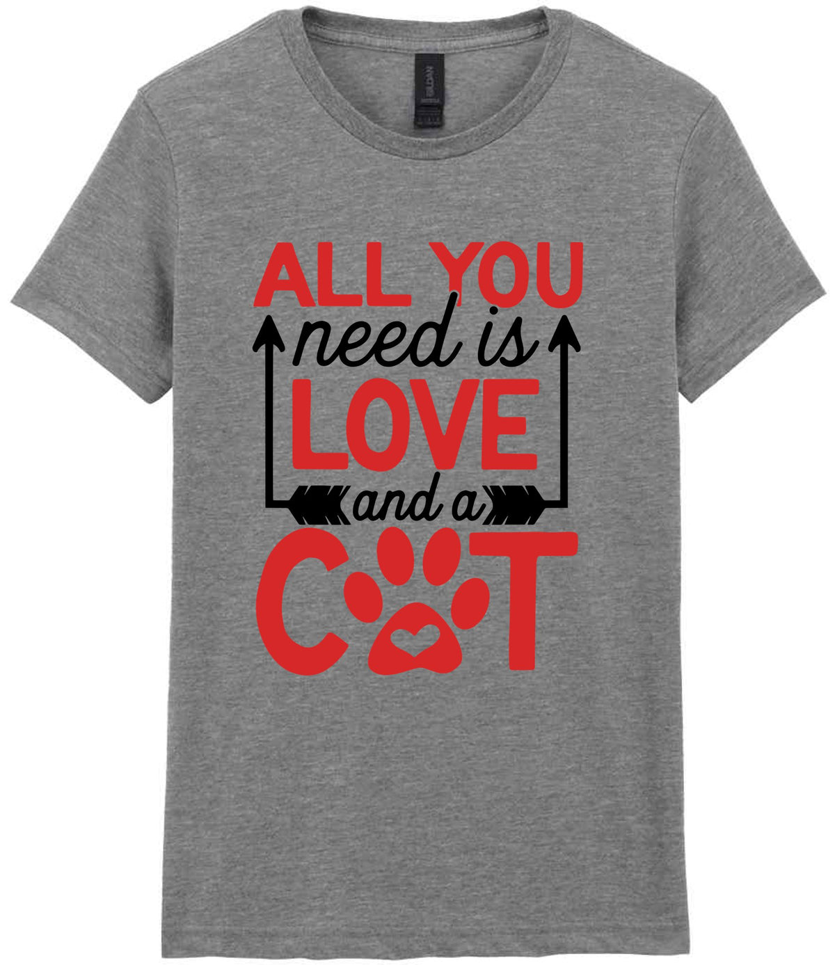 ALL YOU Need Is LOVE and a CAT – Ladies T-Shirt in Sport Grey with Red vinyl